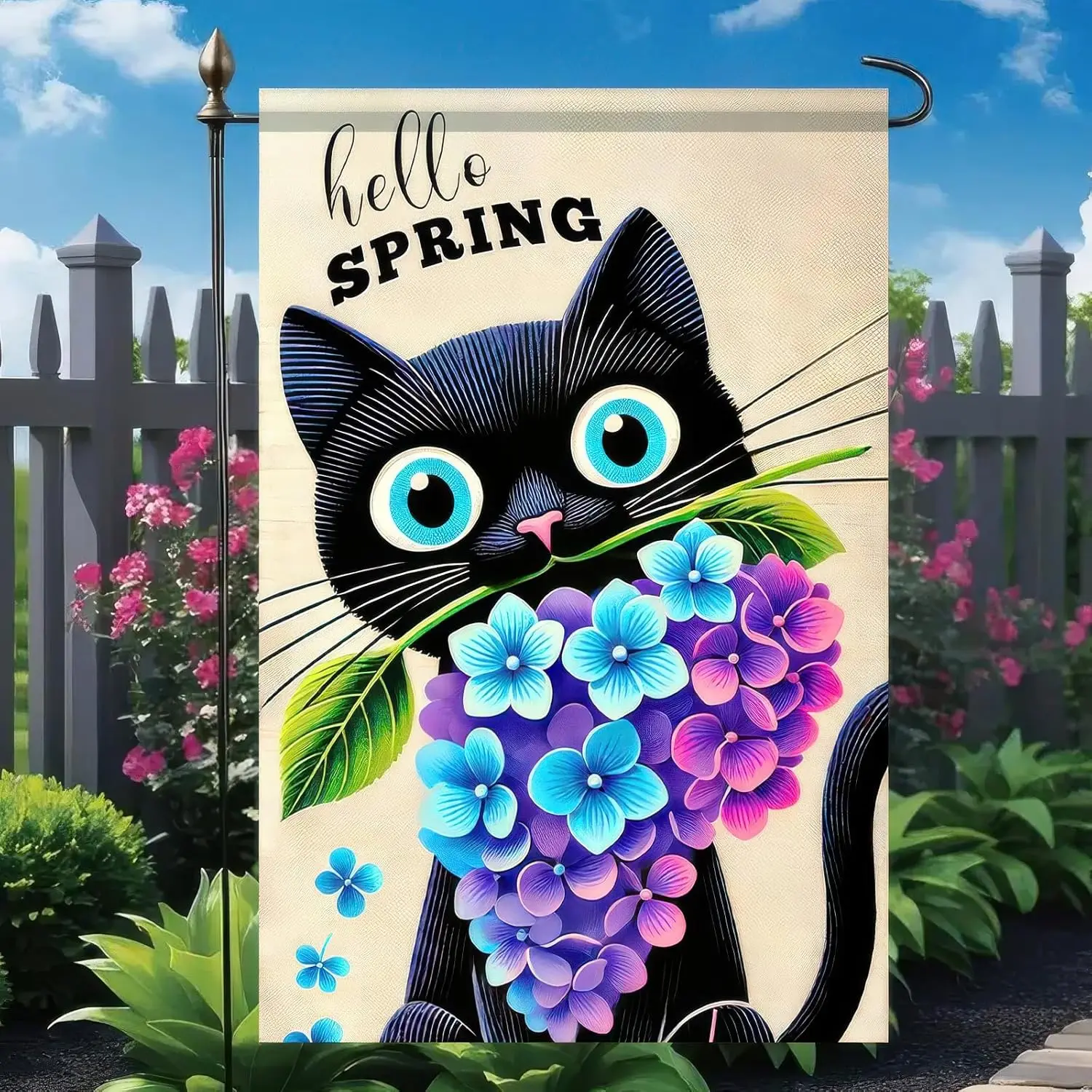 Spring Black Cat Floral Garden Flag 12x18 Inch Double-Sided Polyester Outdoor Flag for Seasonal Decoration XAA UUV EEU SSL