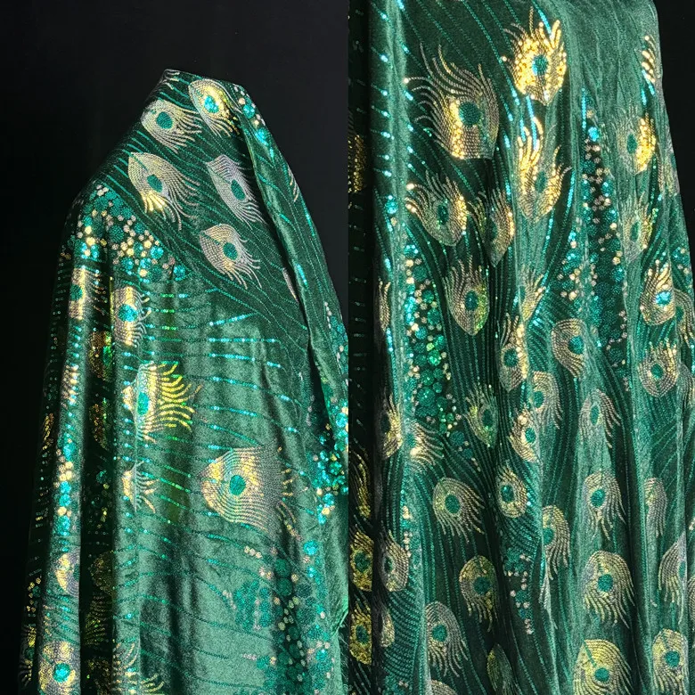 

Gorgeous peacock feather embroidery with sparkling sequins on velvet fabric for stage performance costumes apparel designer