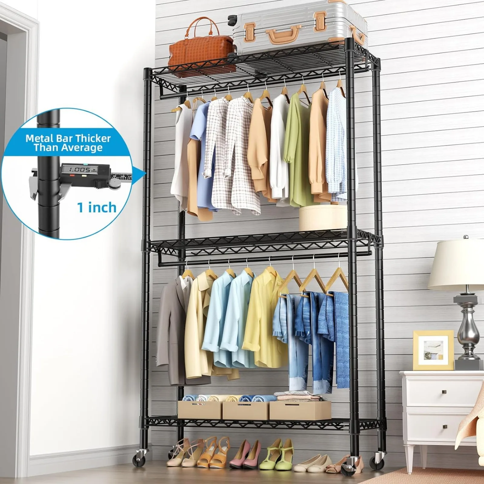 US Heavy Duty Rolling Garment Rack,Clothes Rack with Adjustable Wire Shelving, Double Rods for Hanging