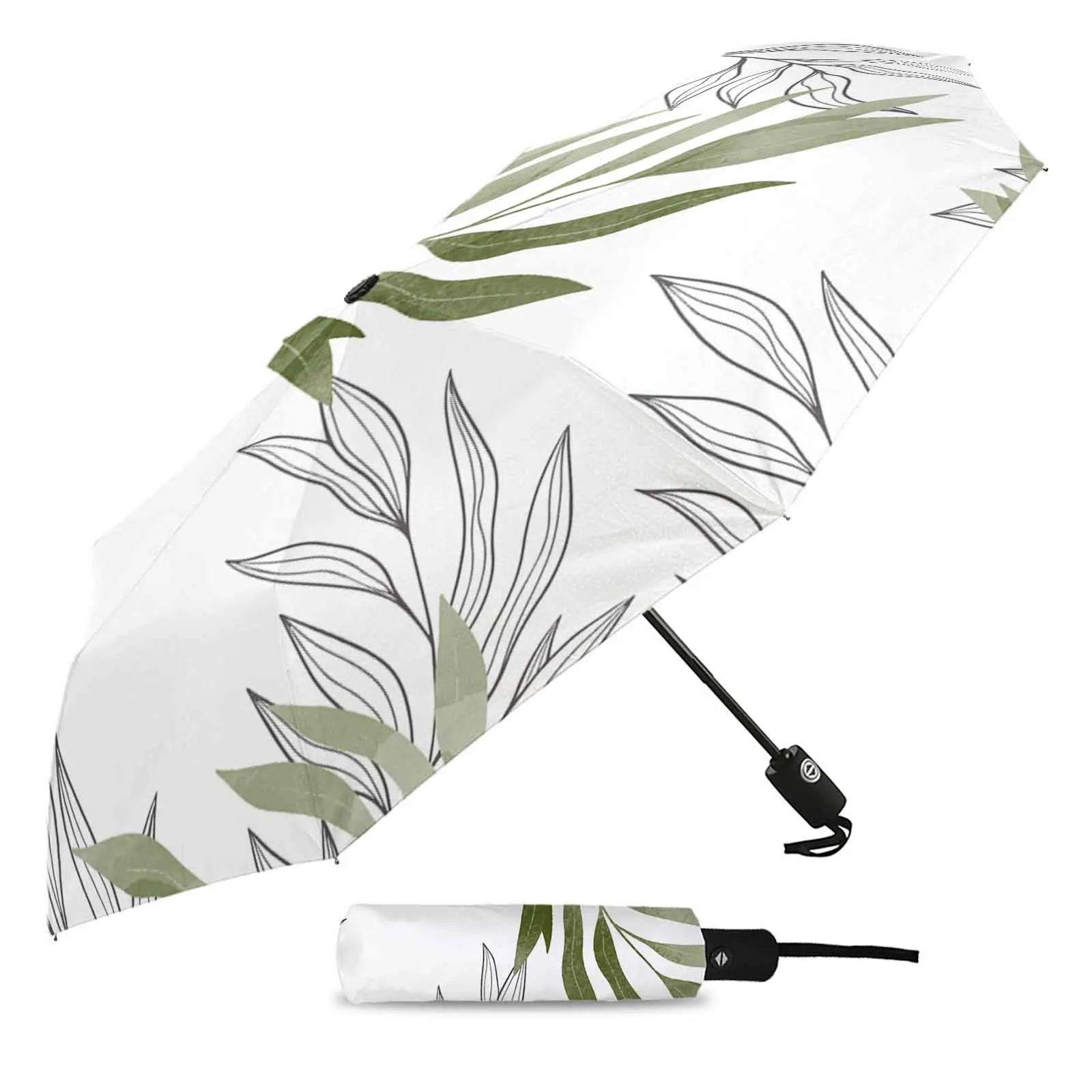 Willow Leaf Line Sage Green Outdoor Fully-automatic Folding Eight Strands Umbrellas for Adults Printed Umbrella