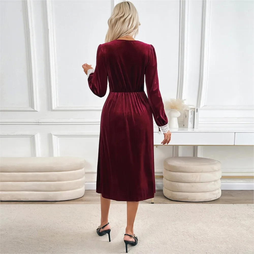 Dresses 2025 Woman Christmas Dress Elegant Lace V-neck Party Vestidos Temperament Simple Style Trendy Vacation Comfortable Slim