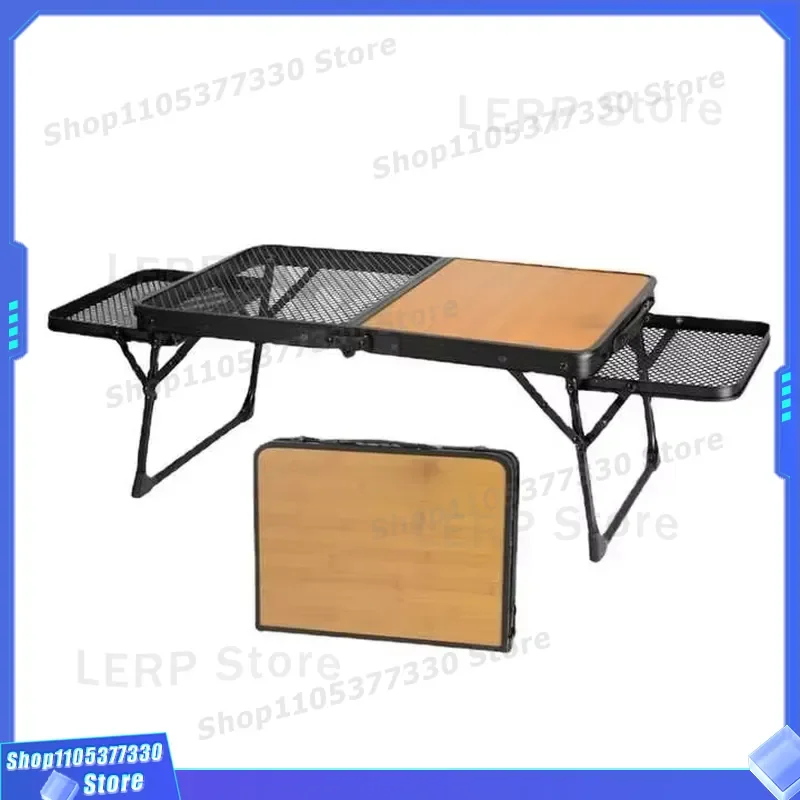 Portable Folding BBQ Table Modern Wood Grain Metal Mesh Design for Outdoor Camping Picnic Kitchen Hotel Use Compact Barbecue