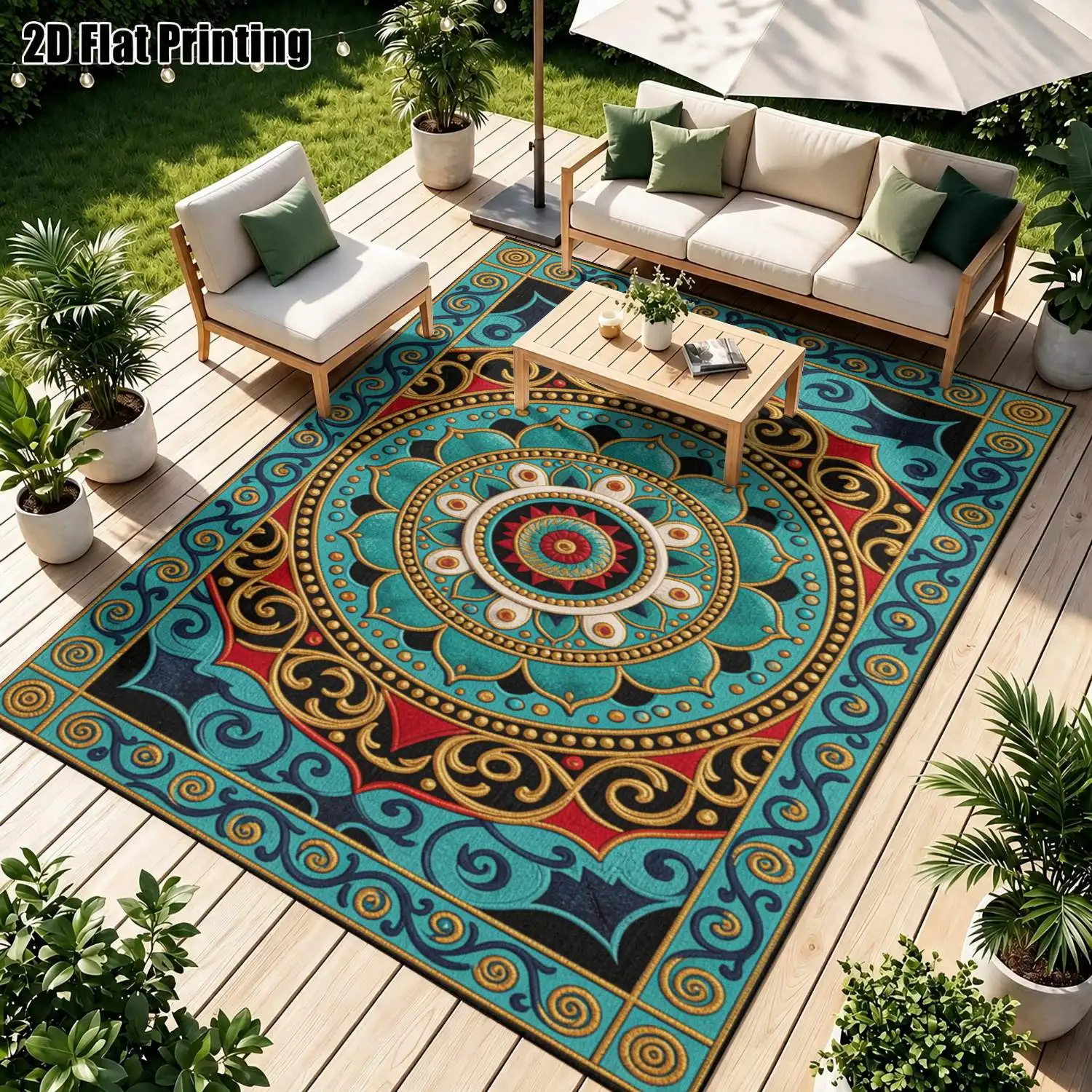 1Pc 2D Printed Mandala Carpet: Blue, Red, Gold, European/Bohemian/Vintage Geometric Decor, Home Decor, Multi-Size, Machine Washable, for Entrance, Dining, Foyer, Bedroom, Living Room