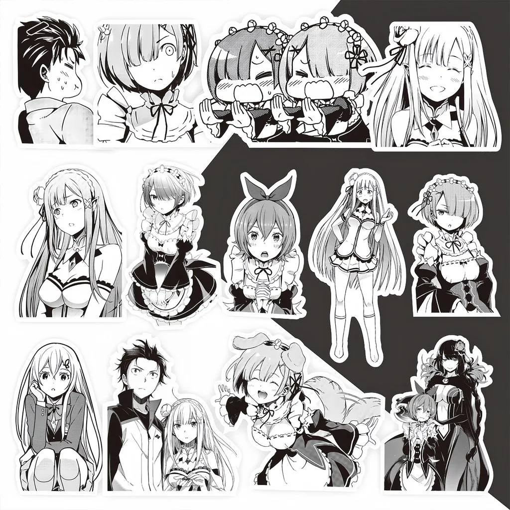 75 قطعة إعادة: حزمة ملصقات Zero - شارات Rem & Emilia باللون الأسود والأبيض للمجلات والمذكرات (متجر Anime Worlds)