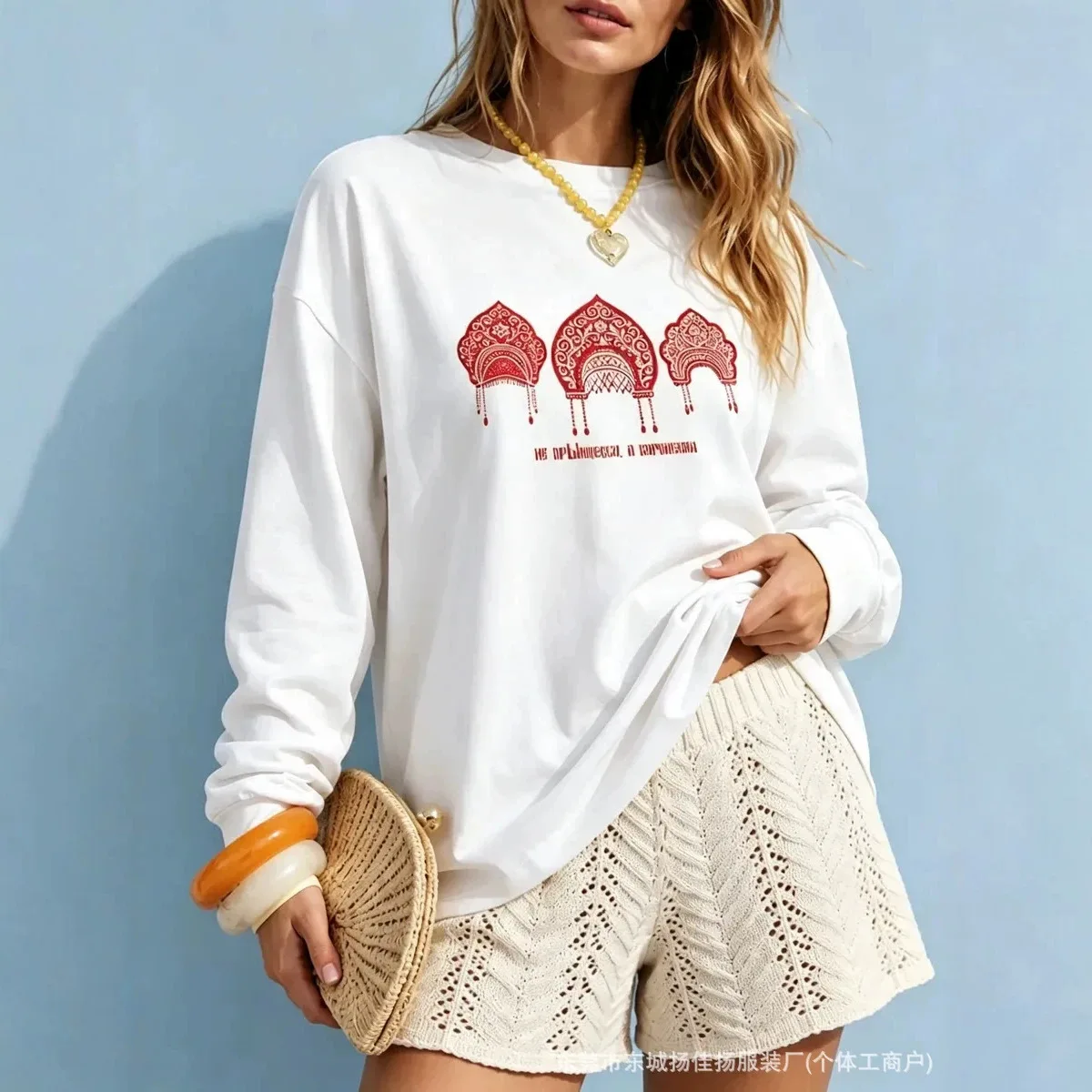 Russian Graphic Oversized Fashion Folk Retro Ethnic Cotton Long Sleeve Tee Women Traditional Aesthetic O-Neck Casual T‑Shirt