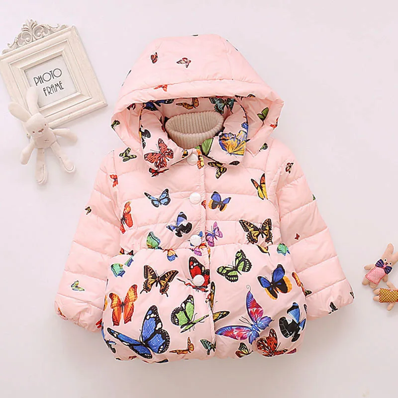 Baby Girls Woolen Parkas Hoodied Coat Outerwear Clothes Infant Girls Winter Warm Cartoon Butterfly Jacket Coat Children Overall