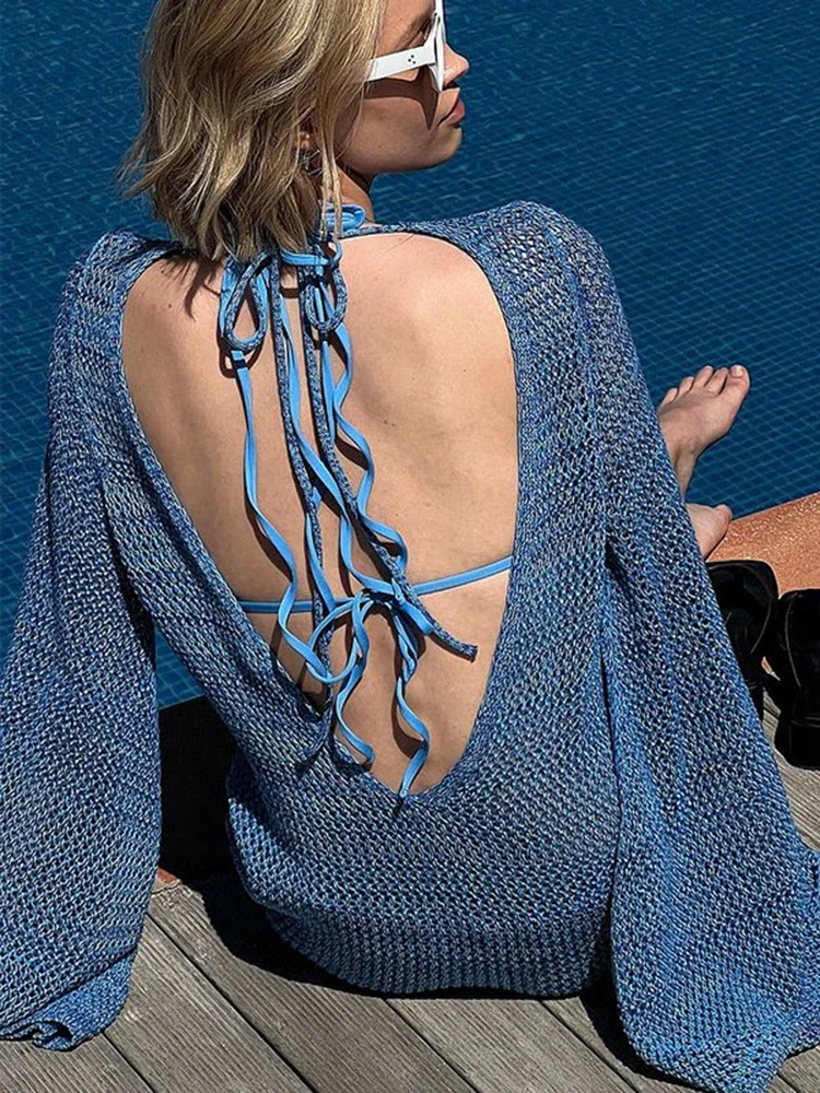 

New Bikini Cover Up Women Beach Cover-Ups Flare Sleeve Solid See Through Backless Beach Dress Summer Fashion Female Beachwear