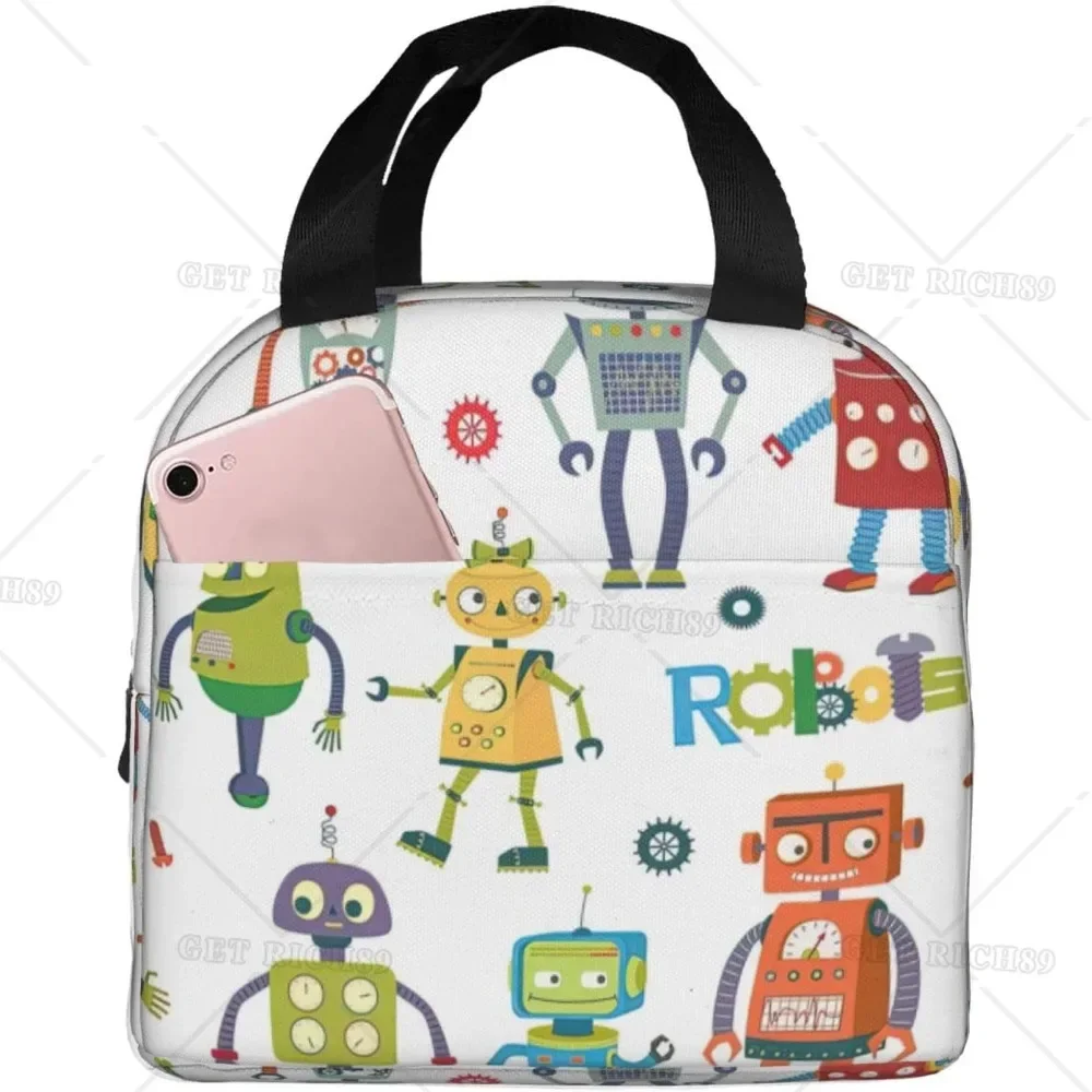 Cute Cartoon Robots Print Insulated Lunch Box for Women and Men, Light Durable Lunch Bag Portable Tote Bag for Office Work
