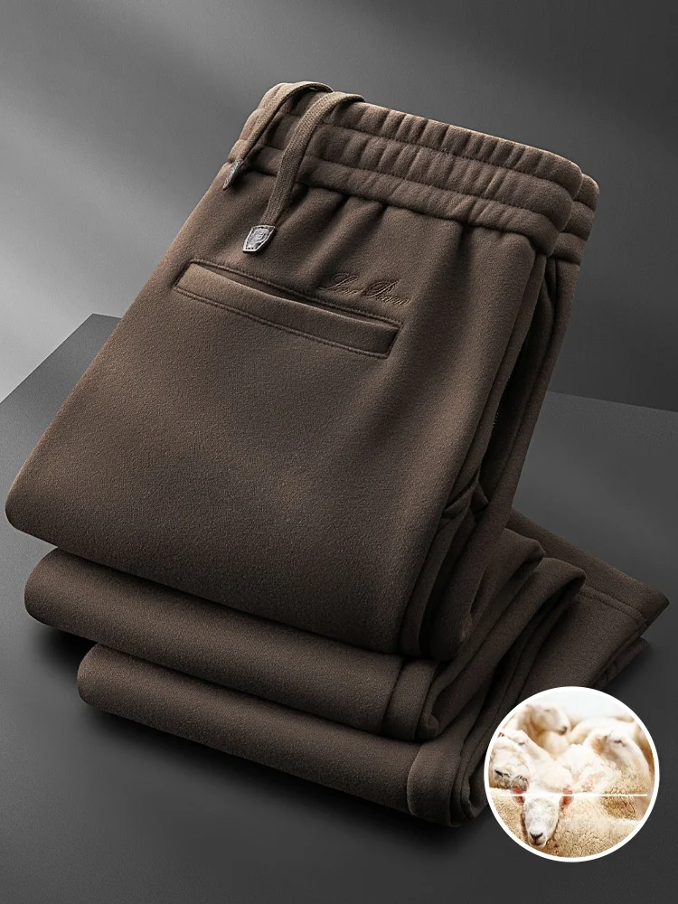 

Зимние шерстяные повседневные брюки мужские, премиум-класса, с вышивкой, на молнии, прямые, спортивные штаны