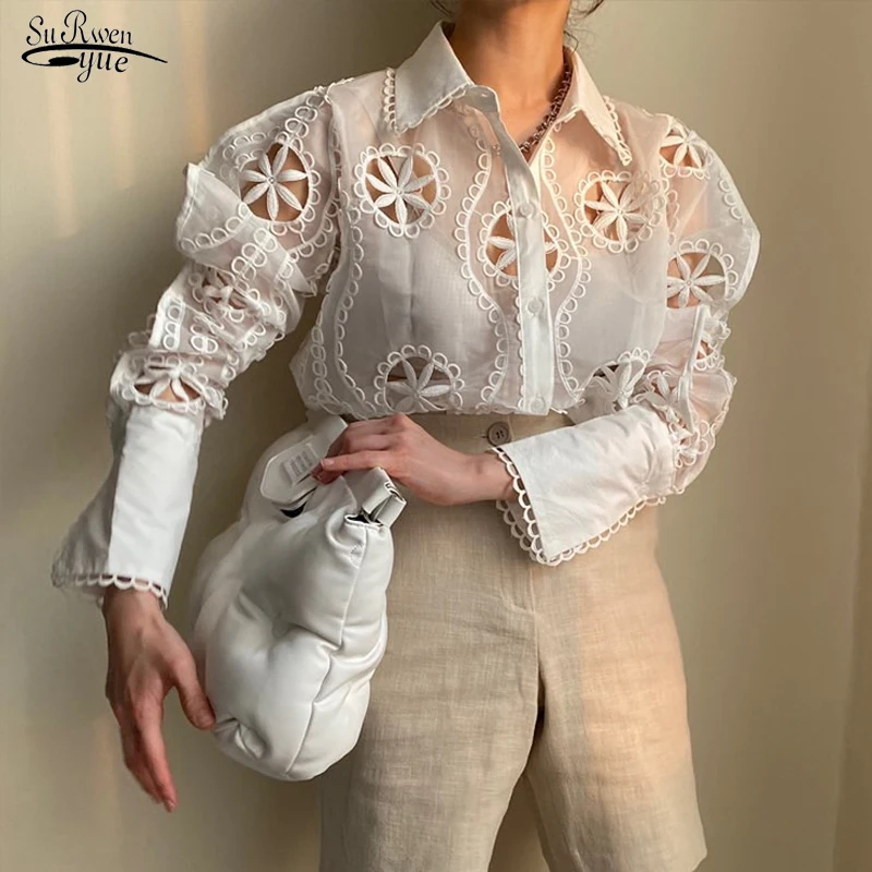 Lady Sexy See Through Long Sleeve Loose White Blouse Top High Quality Hollow Out Floral Embroidery Elegant Shirt New Trend 13369