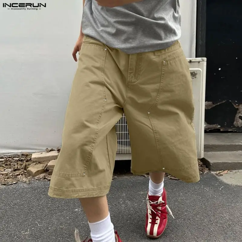 INCERUN Men's Pants Solid Color Button Joggers Loose Casual Calf-length Pants For Man Streetwear 2026 Fashion Wide Leg Trousers