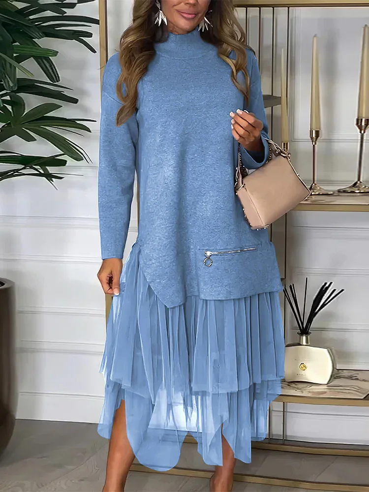 Loose Women Causal Mesh Street Wear Dress Female Solid Mid-Calf Dress Vestidos Drauuing Long Sleeve Knitted Spliced Gauze Dress