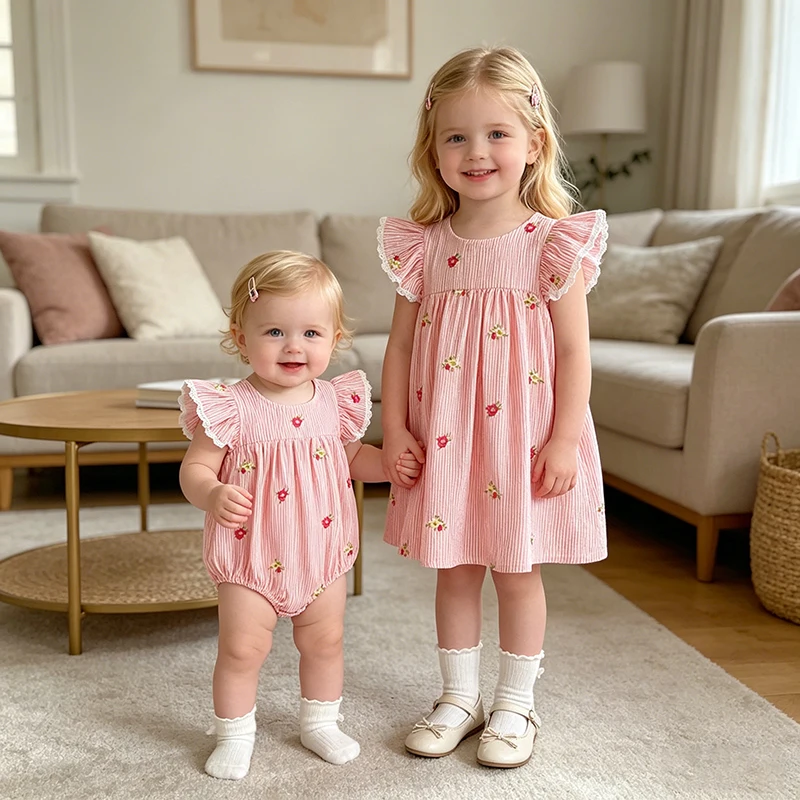 2026 Summer 0-24M Baby Girl Flying Sleeve Cotton Embroidery Baby Bodysuit 2-6Yrs Kids Sweet Party Frock Dresses Sister Clothing