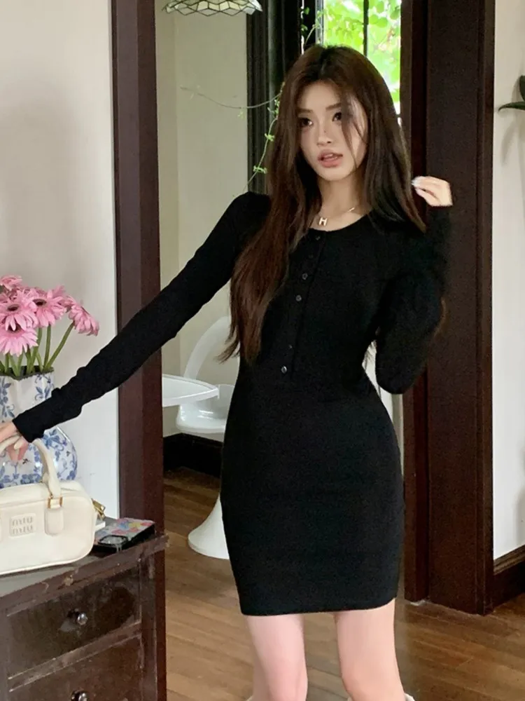 Hot Girl Black Knitted Dress Women Korean Long Sleeve Single Breasted O-neck High Waist Bodycon Vestidos Casual One Piece Dress