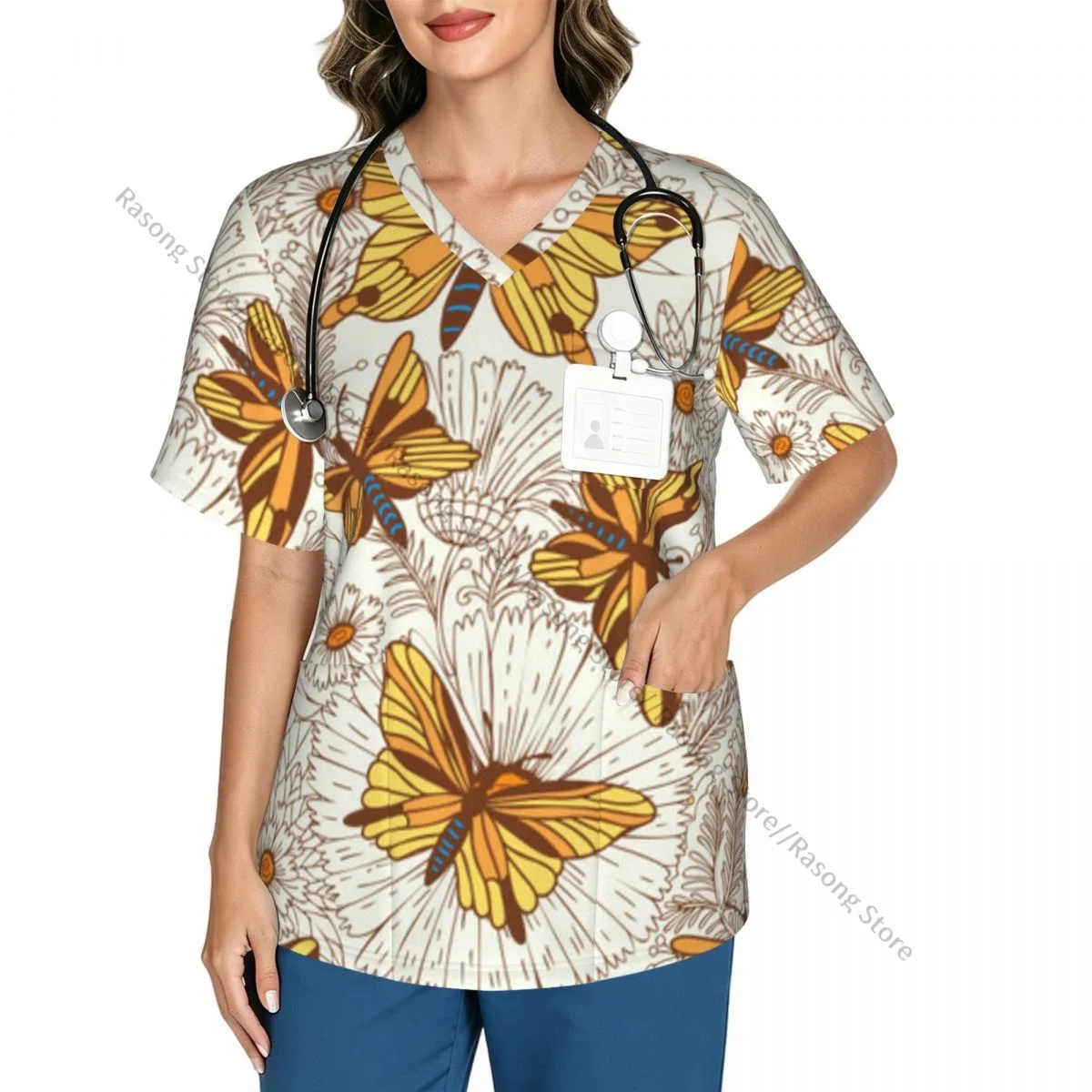 Butterflies And Flowers Scrubs tops medical uniforms women V Neck Stretch Scrub Shirt Dentist doctor Blouse