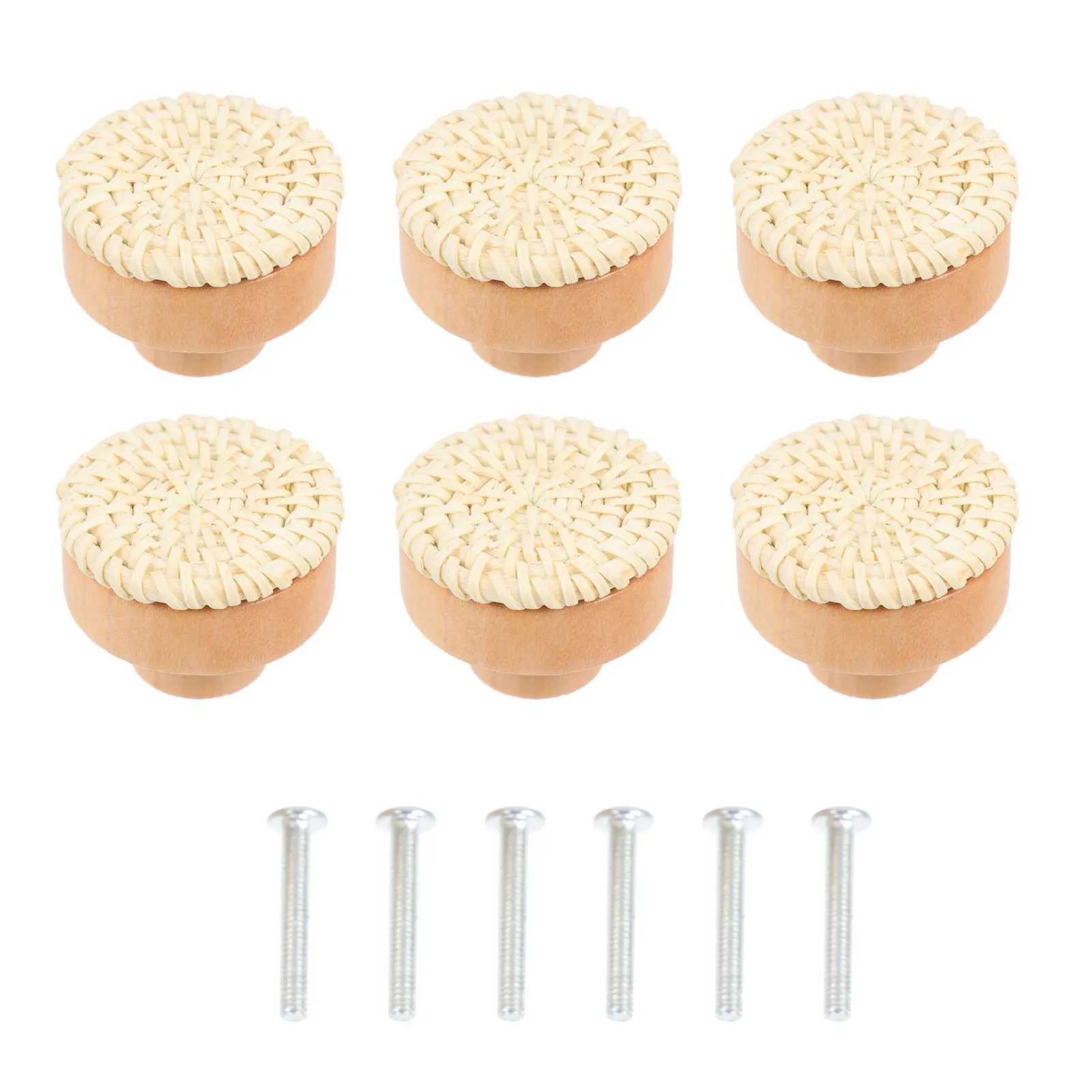 

6Sets Boho Style Wooden Rattan Knobs Smooth Surface Drawer Pulls Cabinet Handles Decorative Dresser Furniture Accessories