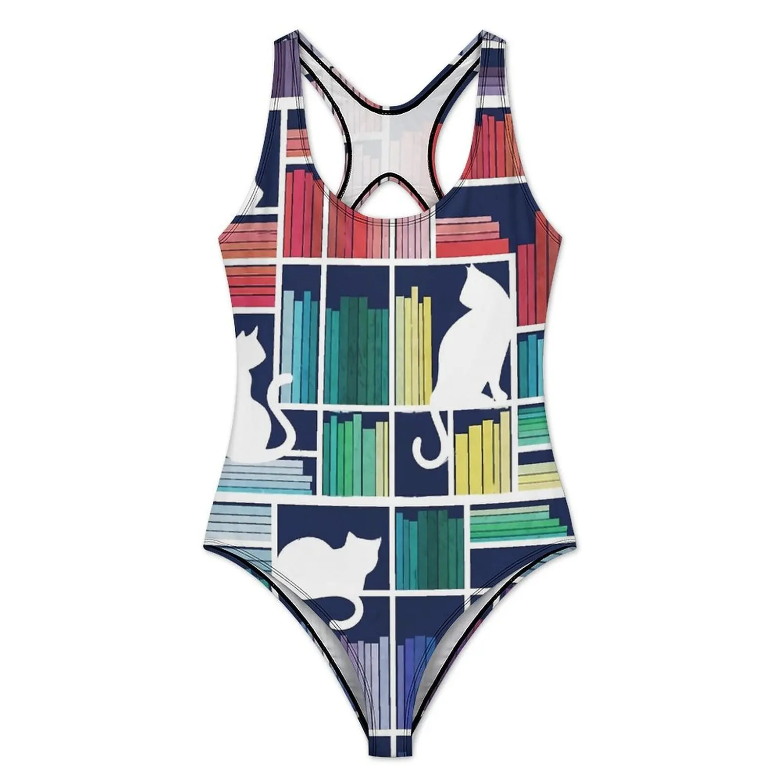 Library Cats Swimsuit Rainbow Bookshelf Swimwear One Piece Sport Bodysuit Hollow Out Monokini Woman Push Up Sexy Beachwear