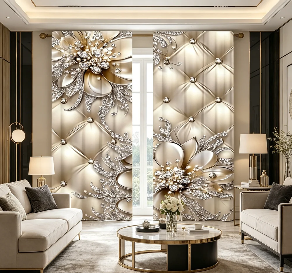 2PCS Digital Printed Curtains, Rhinestone Pearl Flower Pattern, Glamorous Elegant Style for Living Room Bedroom Home Decor