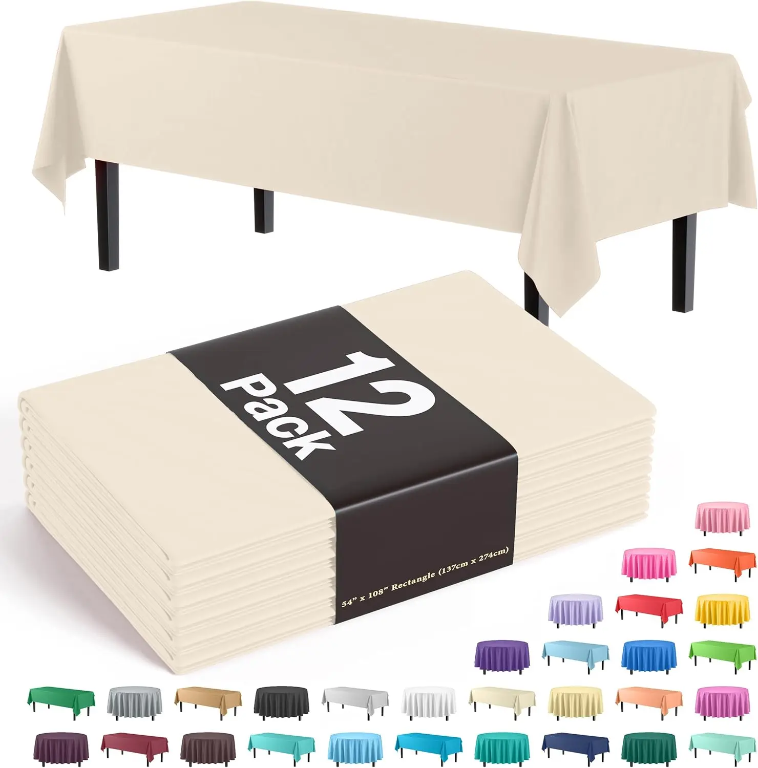 

12-Pack Premium Plastic Tablecloth 12-Pack Premium Plastic 54-Inch-by-108-Inch Rectangle Tablecloth, Ivory