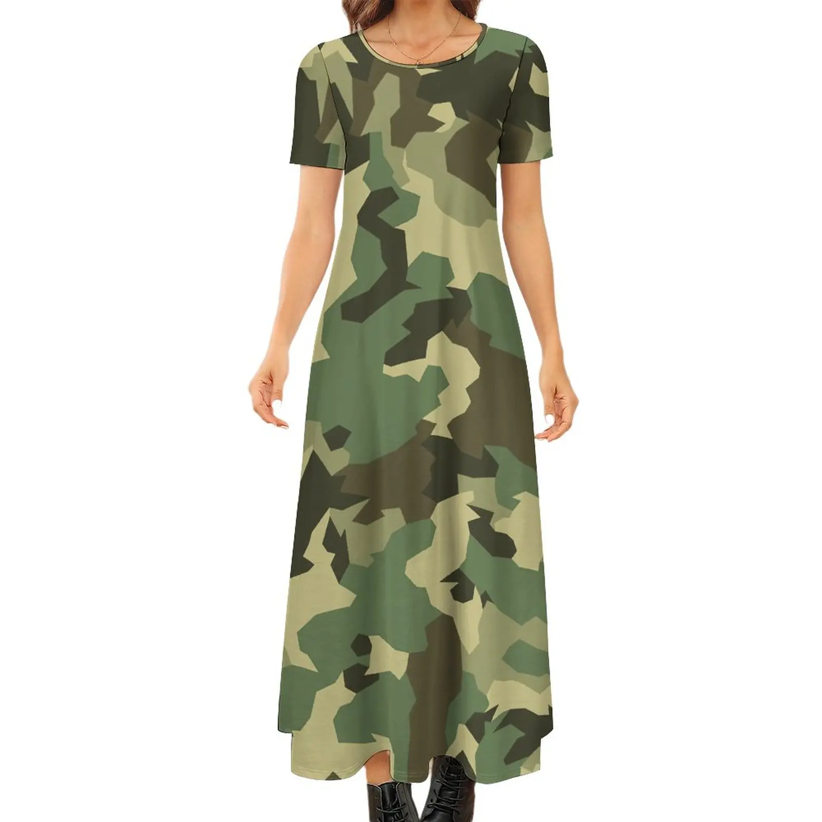 Classic Camo Dress Camouflage Military Design Army Modern Maxi Dress Short Sleeve Street Wear Boho Beach Long Dresses Big Size