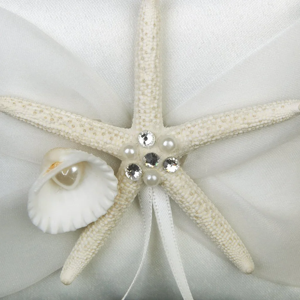 

10X10Cm White Wedding Ring Bearer Pillow Satin Ribbon 5-Pointed Star Buckle Strap Back Sea Star Ring Pillow Bridal Ceremony