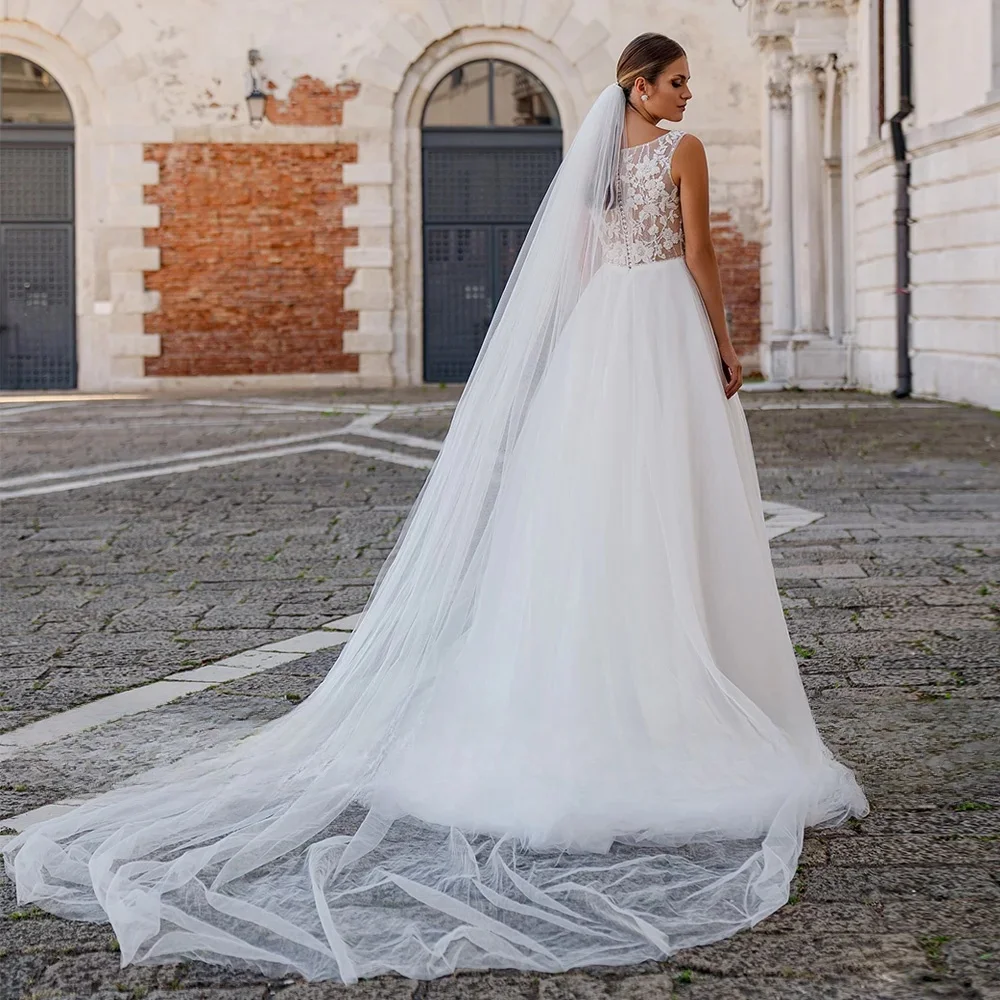 Boho Slit Bride Vestidos De Novia O Neck Sleeveless See Through Customized Lace Wedding Dresses Appliques Vestido De Noiva image 2