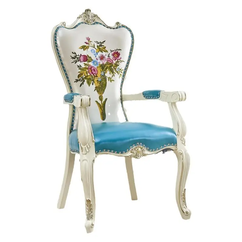 

European chair, solid wood carving flower white leather gold backrest soft bag chair dining chair comfortable armrest desk chair