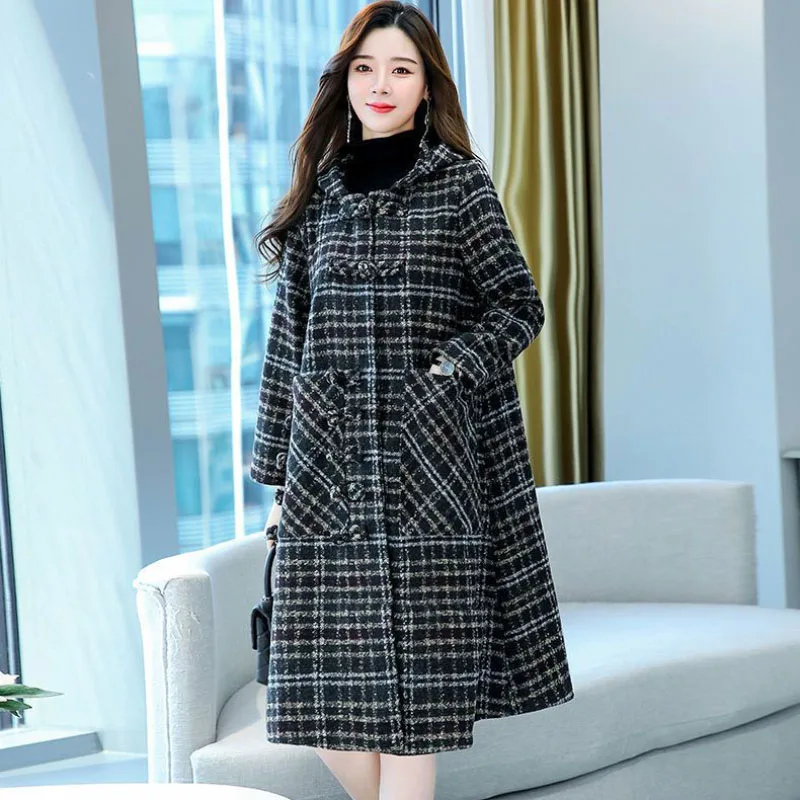 Women's Long Hooded Plaid Woolen Jacket Autumn Winter Formal Casual Overcoat Loose Windbreaker Coat Fashion Outwear 2026