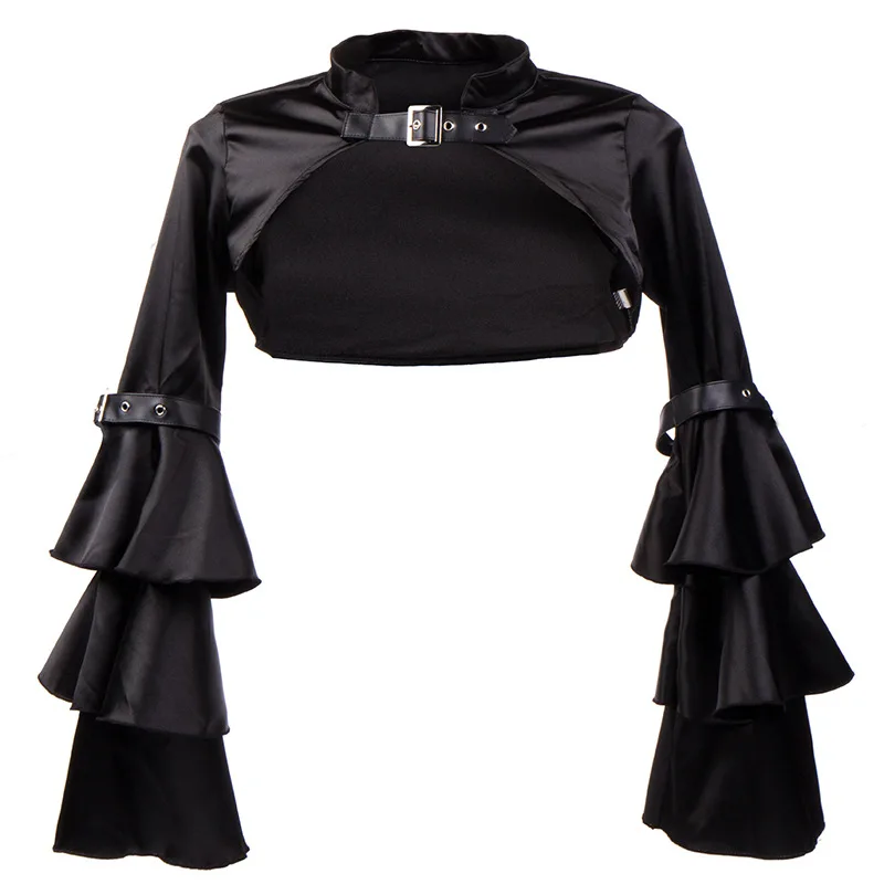 

Black Plush Satin Trumpet Sleeves Vintage Punk Belt Victorian Gothic Y2k Clothing Short Slim Dress Coat Cape 2025