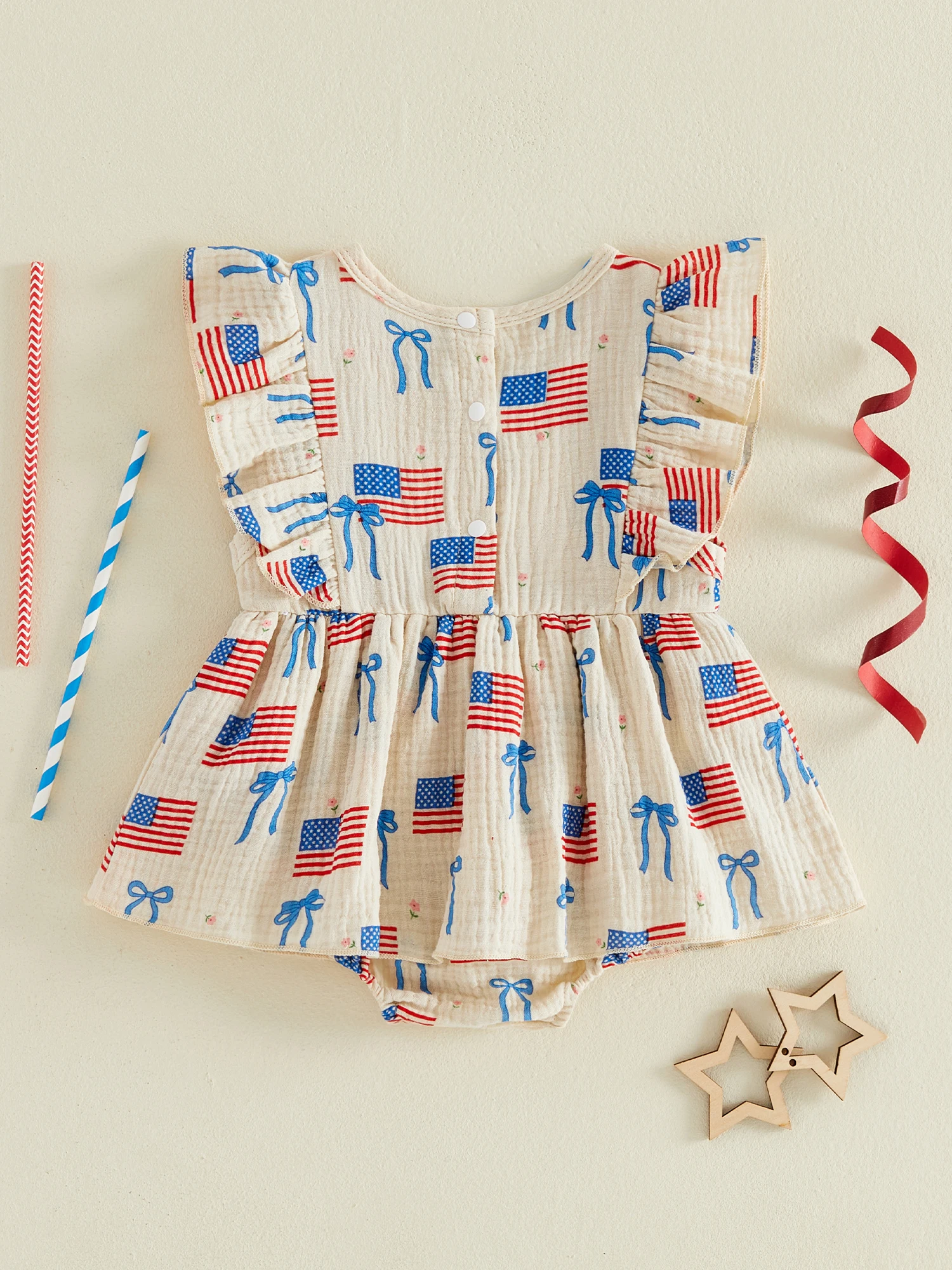 

Independence Day Toddler Girls Rompers American Flag Print Ruffle Sleeve Crew Neck Bodysuits Jumpsuits with Bow Detail
