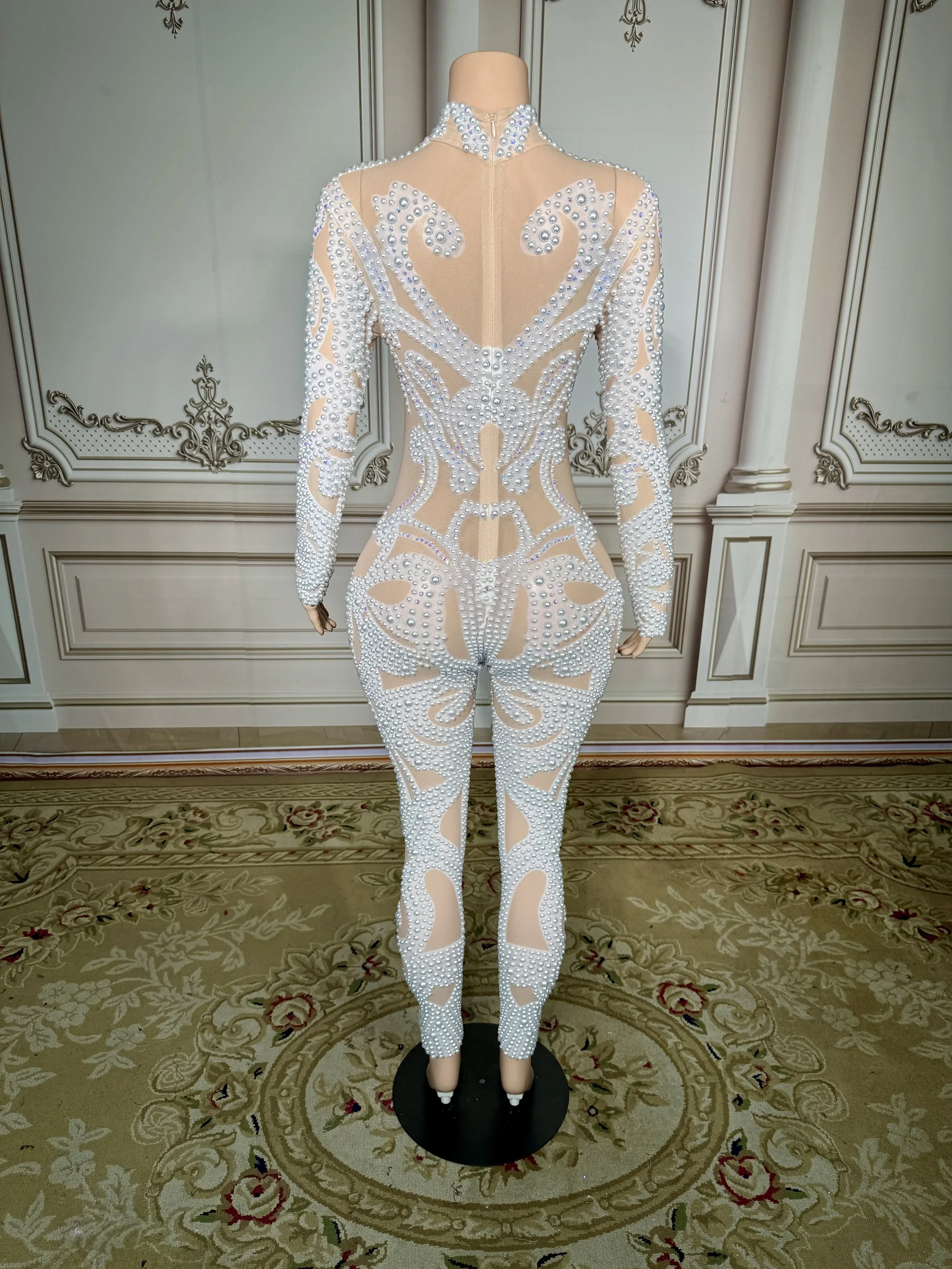 Luxury White Pearls Long Sleeves Women Bodysuit Transparent Mesh Outfit Christmas Party Dance Show Stage Performance Costume