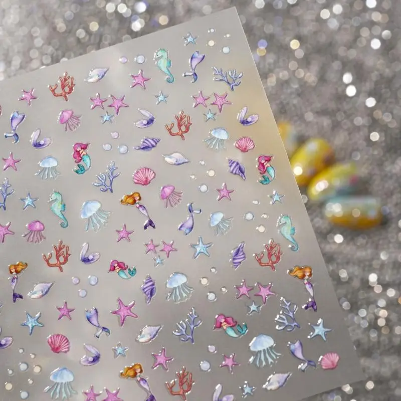 Pegatinas para decoración de uñas, Color bonito, océano, relieve 3D, estrella de mar de verano, concha, calcomanías para decoración de uñas, suministros para decoración de uñas