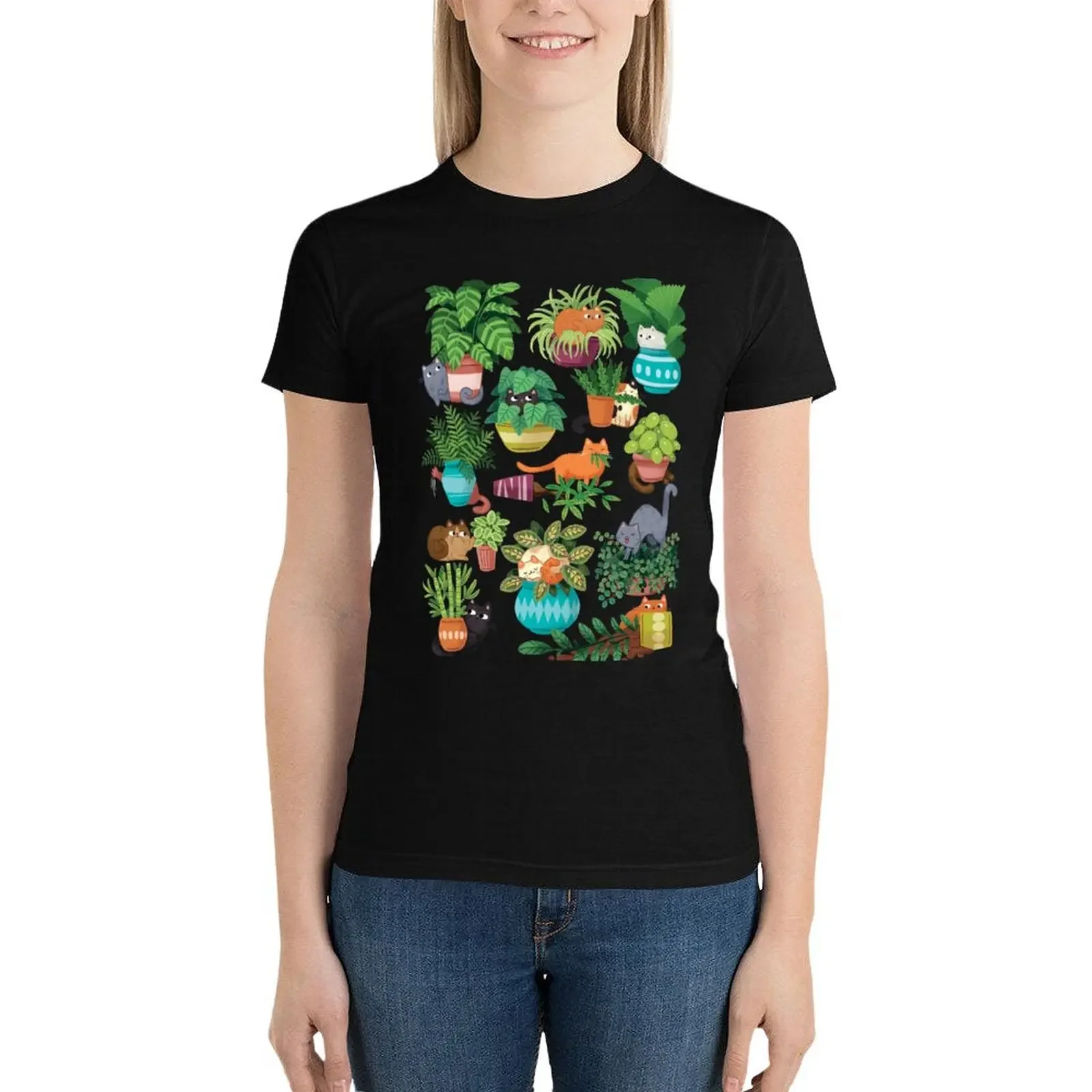 

Cats And Plants T-Shirt anime clothes oversized Blouse animal print shirt for girls t-shirts for Women loose fit