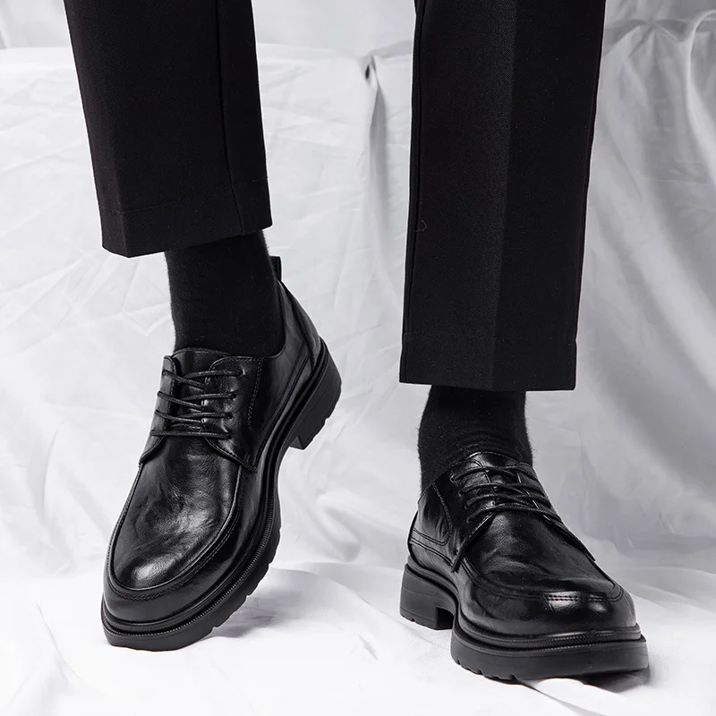 Men's Genuine Leather Derby Shoes Autumn Platform Slip-Resistant Breathable Comfort Business Casual Lace-Up for Daily Walking
