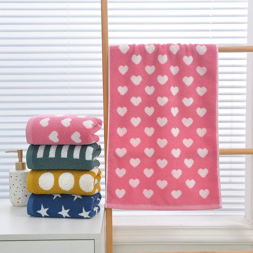 Retro Cotton Towel Dots Stars Striped Heart Pattern Soft Face Towel Super Absorbent Thick Hand Towels for Bathroom Kids Adults