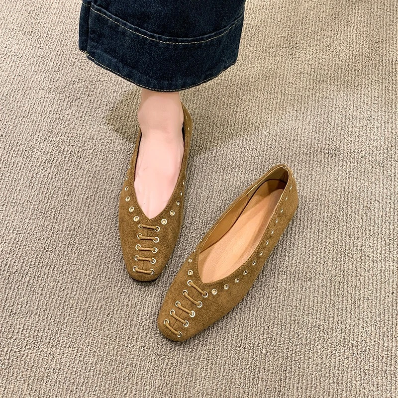 Soft Sole Square Toe Single Shoes Spring Scrub Leather Pumps New Commuter Rivet Slip-On Flats for Women