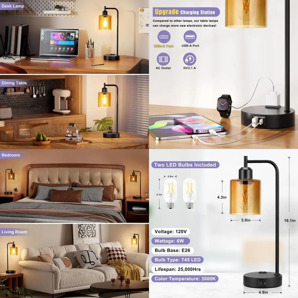 

2-3 Piece Dimmable Table Lamp Set with USB C+A Ports, 3-Way Dimming, Amber Glass Shade for Bedrooms, Living Rooms, Desks, and Ho