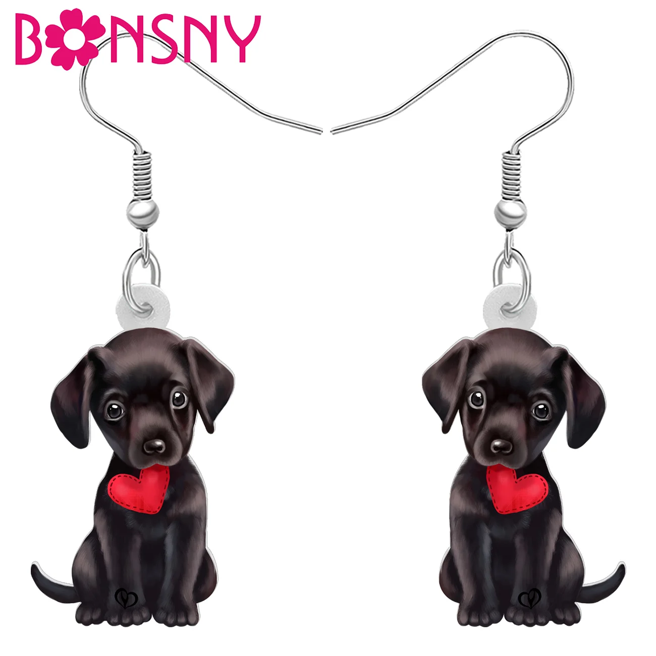 BONSNY Acrylic Heart Black Labrador Dog Puppy Valentine's Day Drop Dangle Earrings Jewelry Pets Gifts For Women Girls Couples