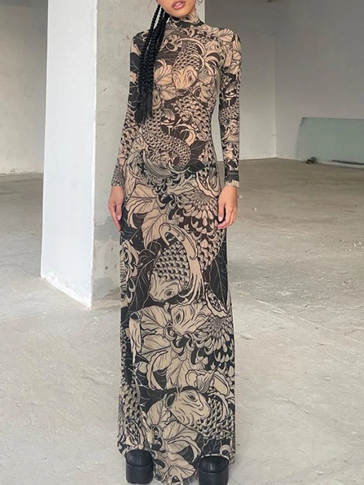 

Print Long Dresses Women Fashion Turtleneck Party Dress Ladies Bodycon See Through Mesh Evening Gown High Street Vestidos Mujer