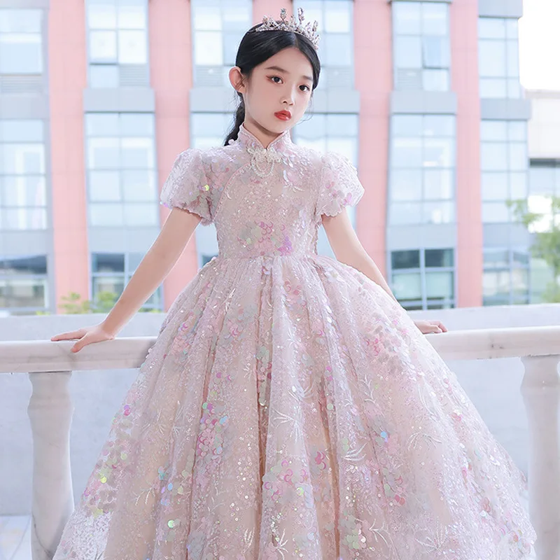 Girls' Sequin Children's Host Show Princess Piano Performance Flower Girl Wedding Light Luxury Puffy Dress