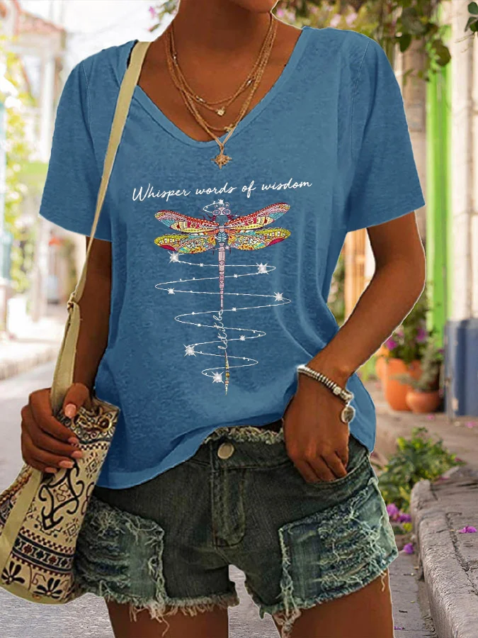 T-shirt pour femme ilstile Whisper Words Of Wisdom Dragonfly, col en V, manches courtes, coupe ample, décontracté, style hippie, été