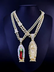 1 Piece Hip Hop Rock Punk Style 14K Gold Plated Virgin Mary Mother Pendant Necklace for Men and Women Cuban Chunky Chain