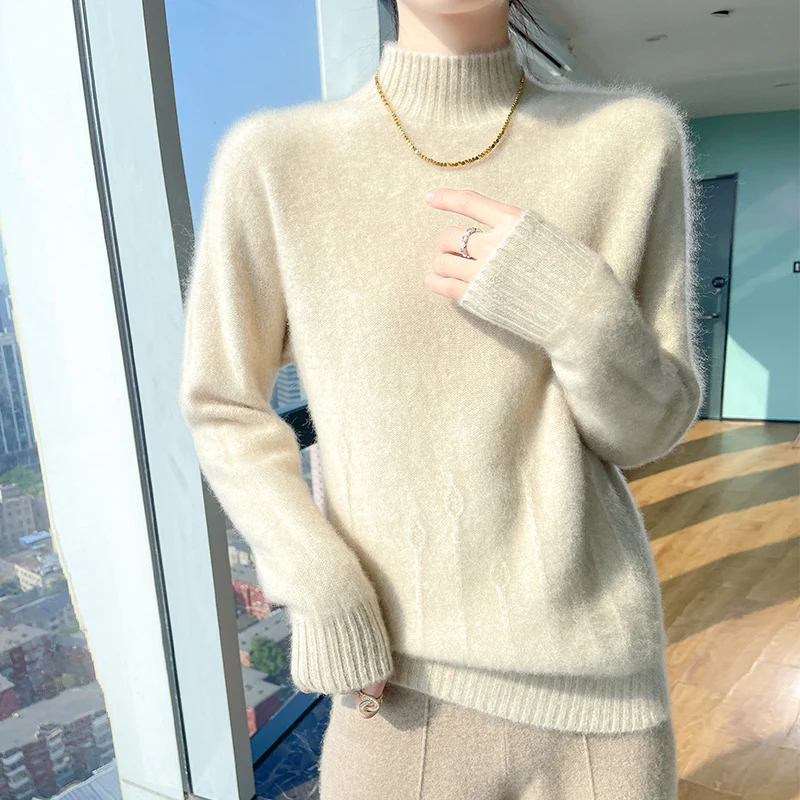 

100% Merino Wool Women's Sexy Female Knitted Crocheted Pullover Top Winter Mock Neck Cashmere Female Sweater