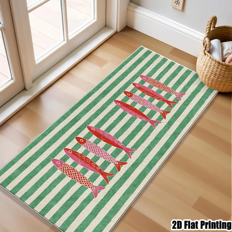 VIKAMA Striped Fish Sailboat Carpet Coastal Style Anti Slip Floor Mat Bedroom Bedside Kitchen Entrance Corridor Home Decoration