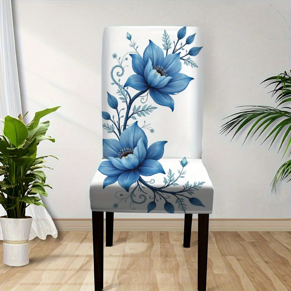 2/4/6pcs Blue Lotus Floral Print Stretch Dining Chair Cover, Elastic Removable Slipcover for Kitchen