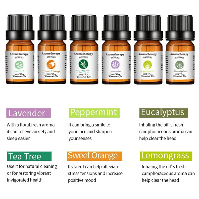 6 in 1 minyak esensial alami murni Lavender Mint jeruk Lemongrass kayu putih aroma untuk pelembap udara Diffuser Set Hadiah