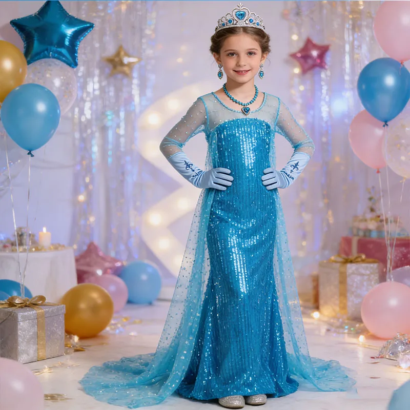 Robe de princesse Elsa Frozen pour filles, robe bleue à paillettes avec traîne et accessoires, pour Halloween, anniversaire, fête de carnaval pour enfants