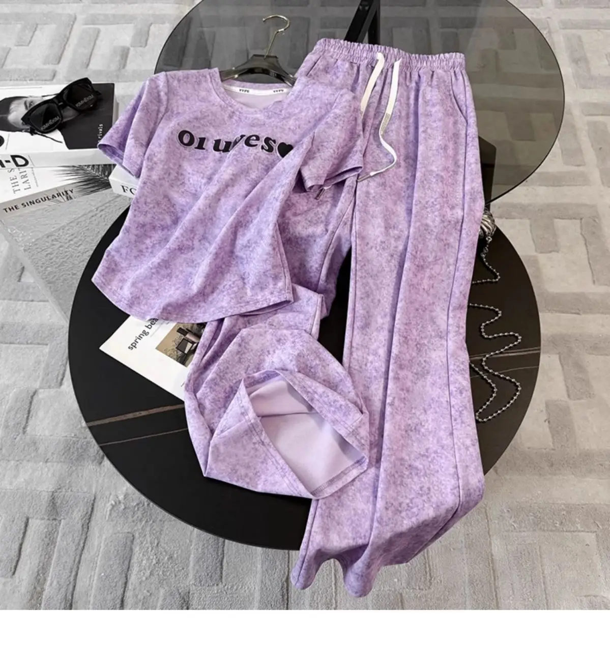 Casual Sports Set for Women in 2026 Summer Slim Fit and Slimming Blue Short Sleeved T-shirt Wide Leg Pants Two-piece Set