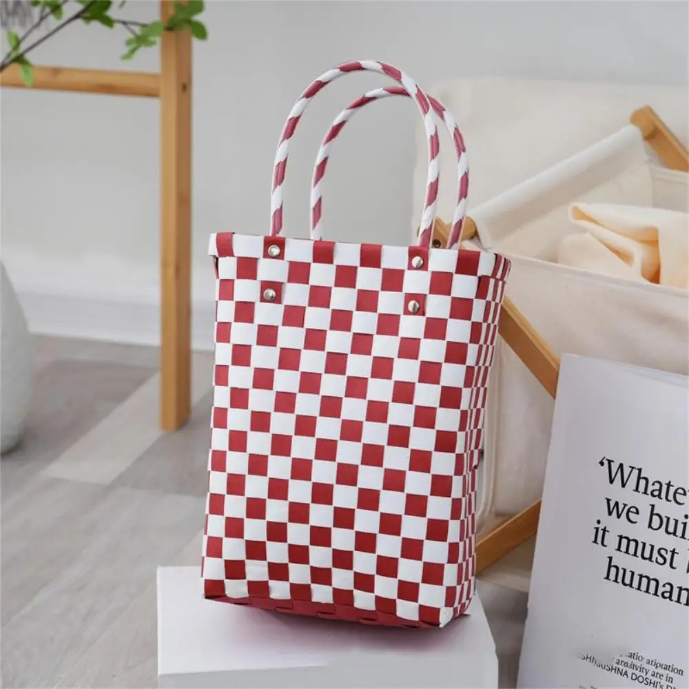 Retro Colorful Woven Tote Bag Patchwork Striped Large Capacity Shopping Tote Basket PVC with Handle Wicker Beach Bag Vegetable