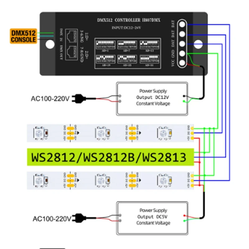 Kontroler DMX512, podłącz do konsoli DMX512, obsługuje WS2812,WS2813,UCS1903,Etc.13 kanałów DMX na urządzenie